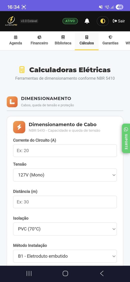 Calculadora elétrica do app fazendo dimensionamento de cabo conforme a NBR 5410