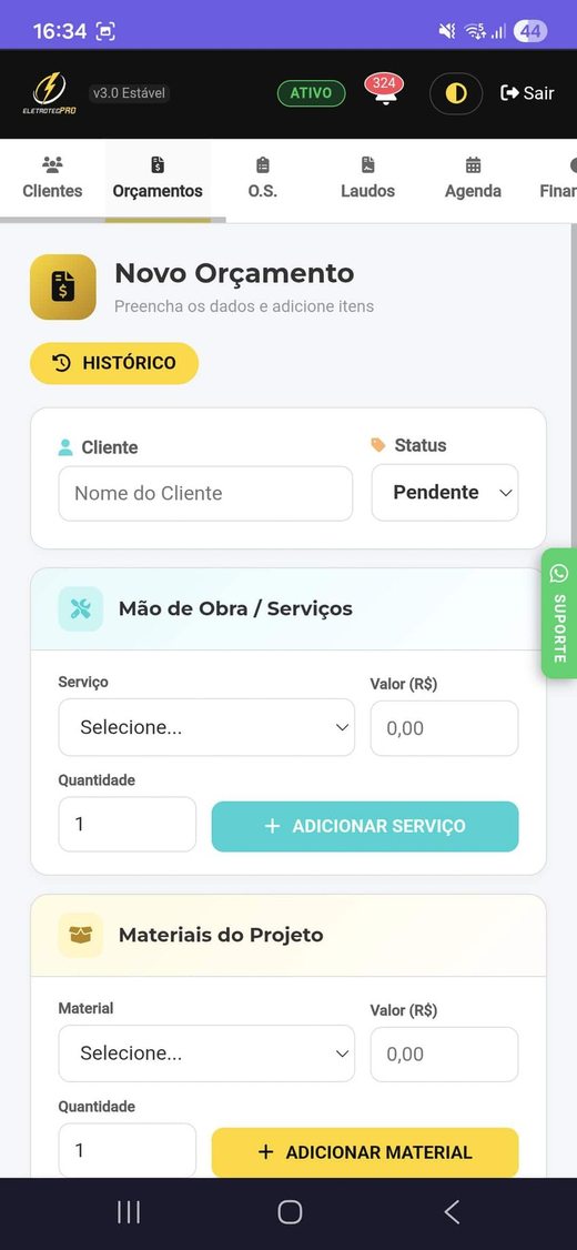 Tela de novo orçamento do aplicativo Eletro Tec Pro, com campos de mão de obra, serviços e materiais