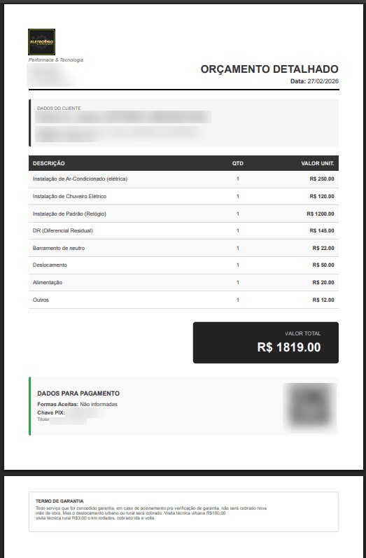 Exemplo de orçamento detalhado em PDF com logo, itens, valor total, QR Code PIX e termo de garantia