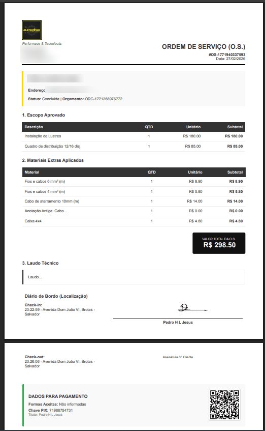 Exemplo de ordem de serviço em PDF com escopo aprovado, materiais e valores